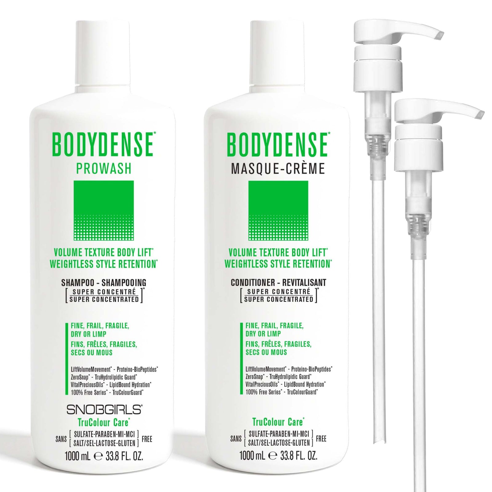 DUO BODYDENSE - Prowash + Masque-Creme 1000 mLBODYDENSE*VOLUME TEXTURE BODY LIFT* WEIGHTLESS STYLE RETENTION*For Fine, Frail, Fragile, Dry or Limp Hair1 x BODYDENSE PROWASH 1000 mL1 x BODYDENSE MASQUE-CREME 1000SNOBGIRLS Canada