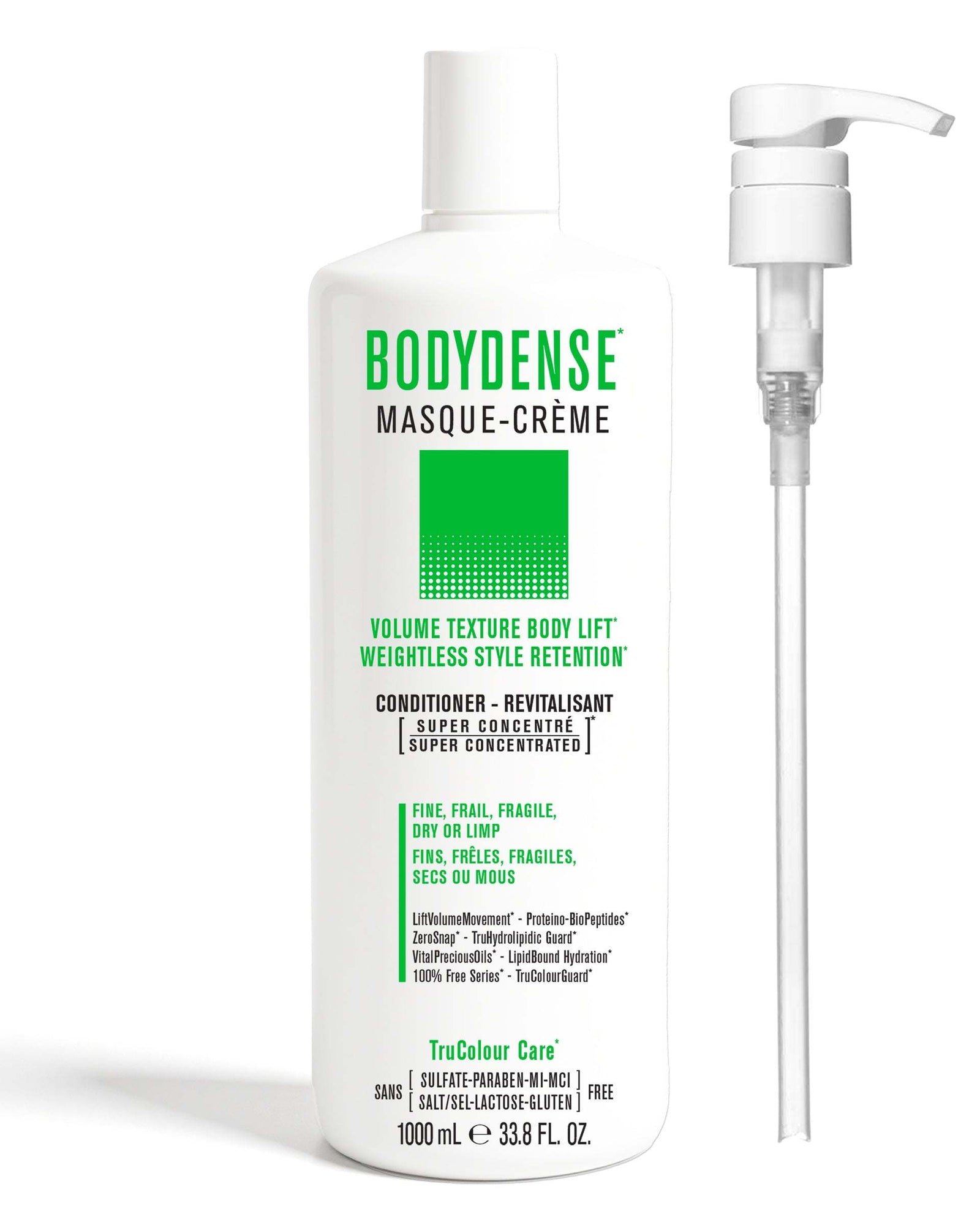 BODYDENSE Vegan Conditioner 1000 mL + PumpVOLUME TEXTURE BODY LIFTWEIGHTLESS STYLE RETENTION

For Fine, Frail, Fragile, Dry or Limp Hair
Super Concentrated MASQUE-CREME Vegan ConditionerLightweight cream ricSNOBGIRLS Canada