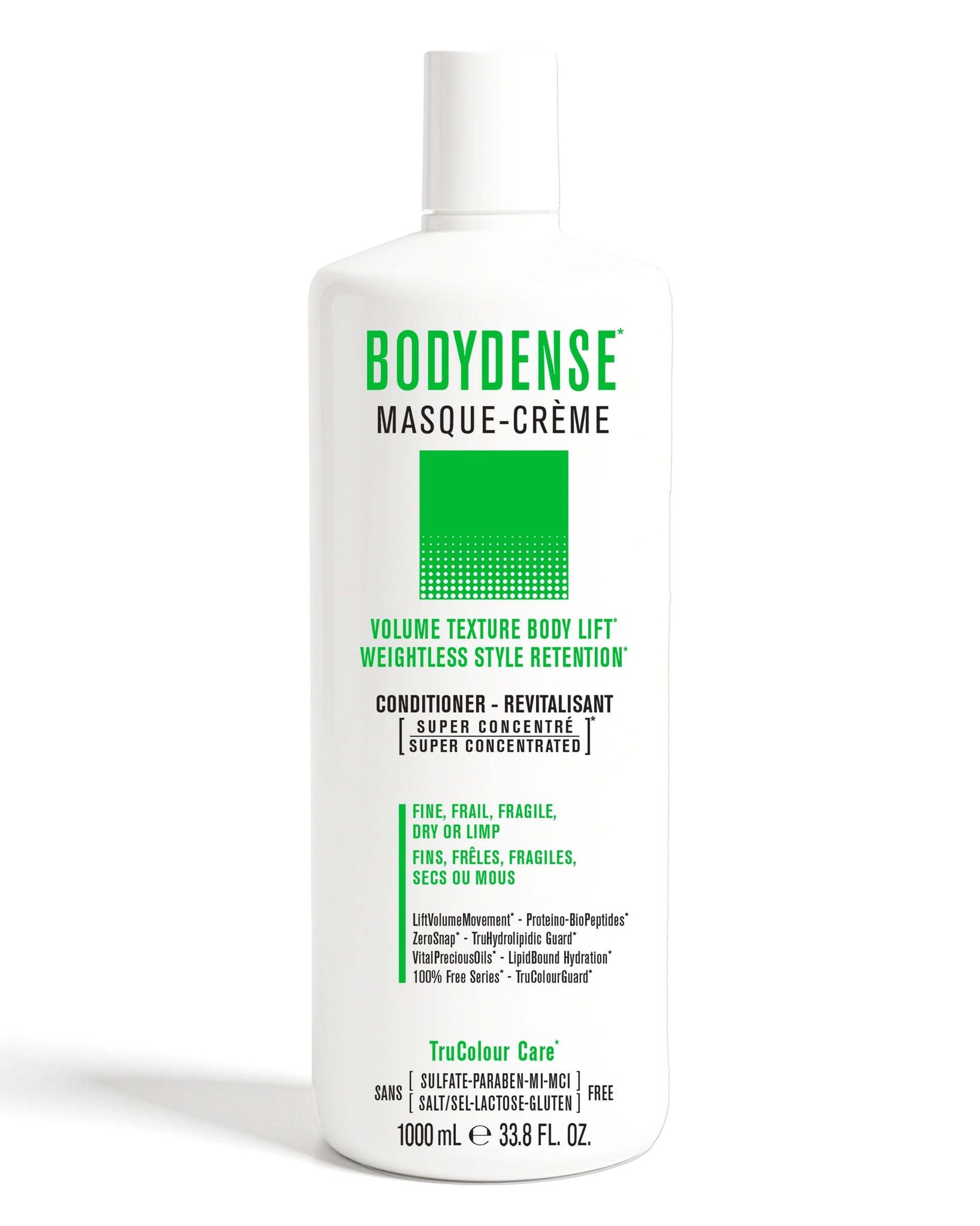 BODYDENSE Vegan Conditioner 1000 mLVOLUME TEXTURE BODY LIFTWEIGHTLESS STYLE RETENTION

For Fine, Frail, Fragile, Dry or Limp Hair
Super Concentrated MASQUE-CREME Vegan ConditionerLightweight cream ricSNOBGIRLS Canada