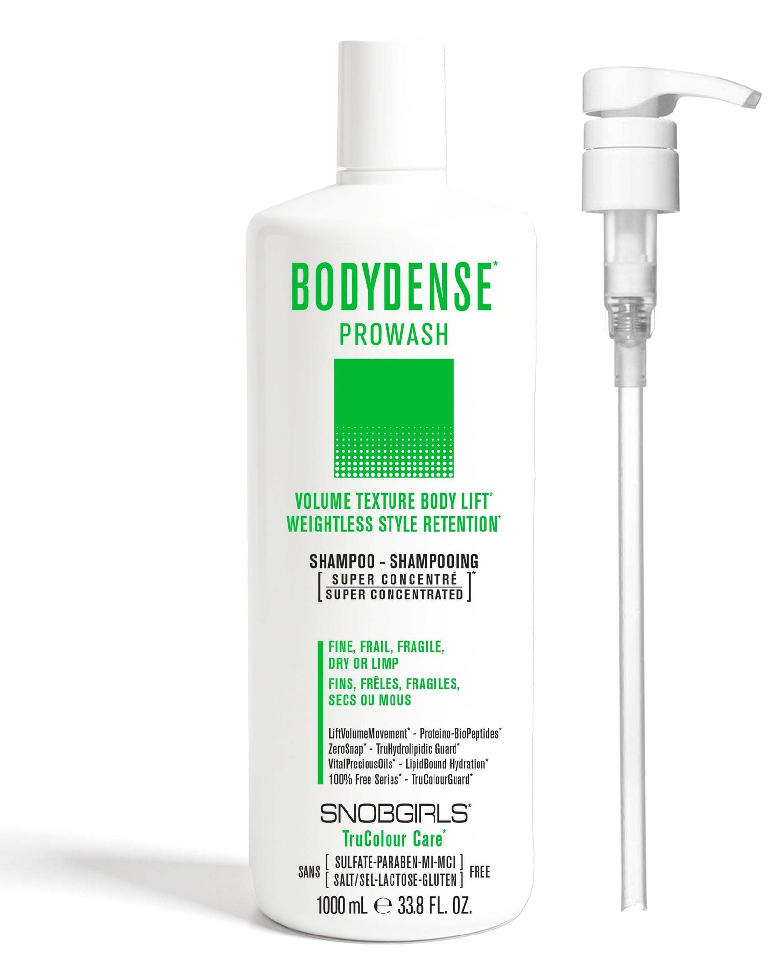 BODYDENSE Vegan Shampoo 1000 mL + PumpVOLUME TEXTURE BODY LIFTWEIGHTLESS STYLE RETENTION

For Fine, Frail, Fragile, Dry or Limp Hair
Super Concentrated PROWASH Vegan Shampoo Luxurious lather gently cleanSNOBGIRLS Canada