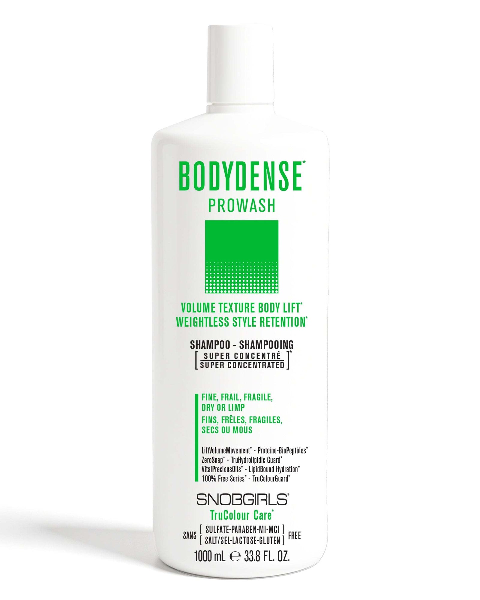 BODYDENSE Vegan Shampoo 1000 mLVOLUME TEXTURE BODY LIFTWEIGHTLESS STYLE RETENTION

For Fine, Frail, Fragile, Dry or Limp Hair
Super Concentrated PROWASH Vegan Shampoo Luxurious lather gently cleanSNOBGIRLS Canada