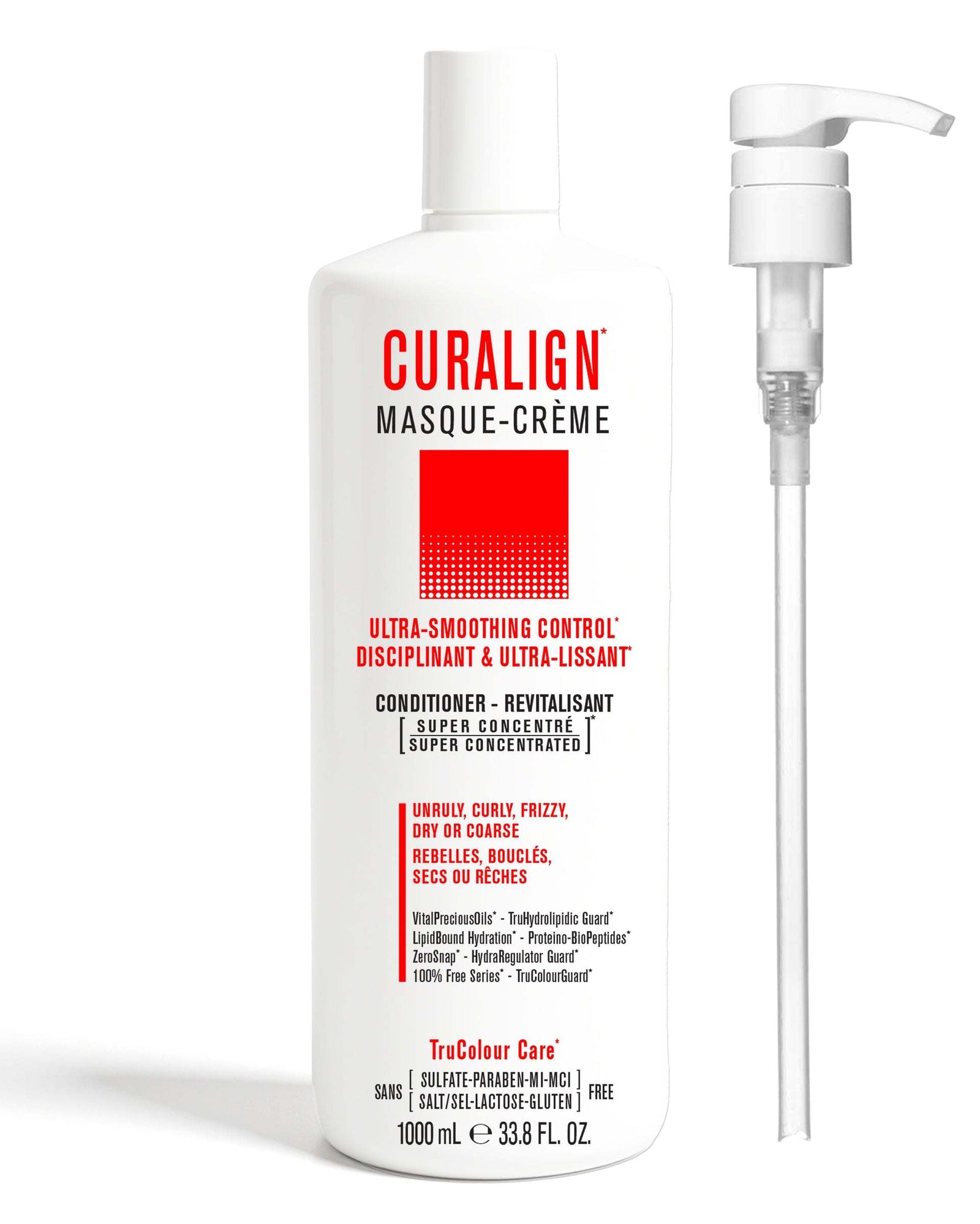 CURALIGN Vegan Conditioner 1000 mL + PumpULTRA-SMOOTHING CONTROL

For Unruly, Curly, Frizzy, Dry or Coarse Hair. 
Super Concentrated MASQUE-CREME Vegan ConditionerLightweight cream richly auto-emulsifies toSNOBGIRLS Canada