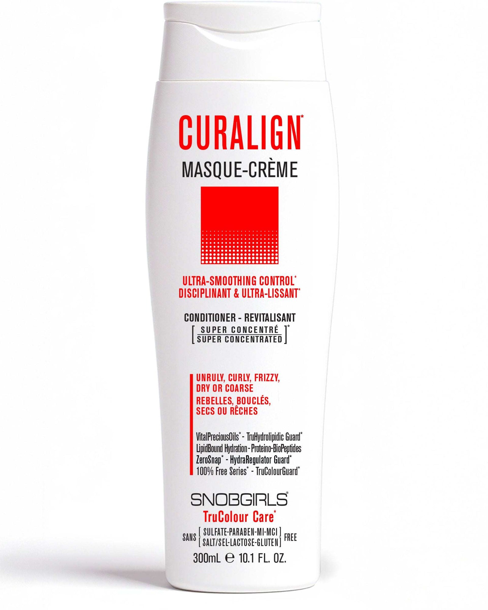 CURALIGN Vegan Conditioner 300 mLULTRA-SMOOTHING CONTROL

For Unruly, Curly, Frizzy, Dry or Coarse Hair. 
Super Concentrated MASQUE-CREME Vegan ConditionerLightweight cream richly auto-emulsifies toSNOBGIRLS Canada