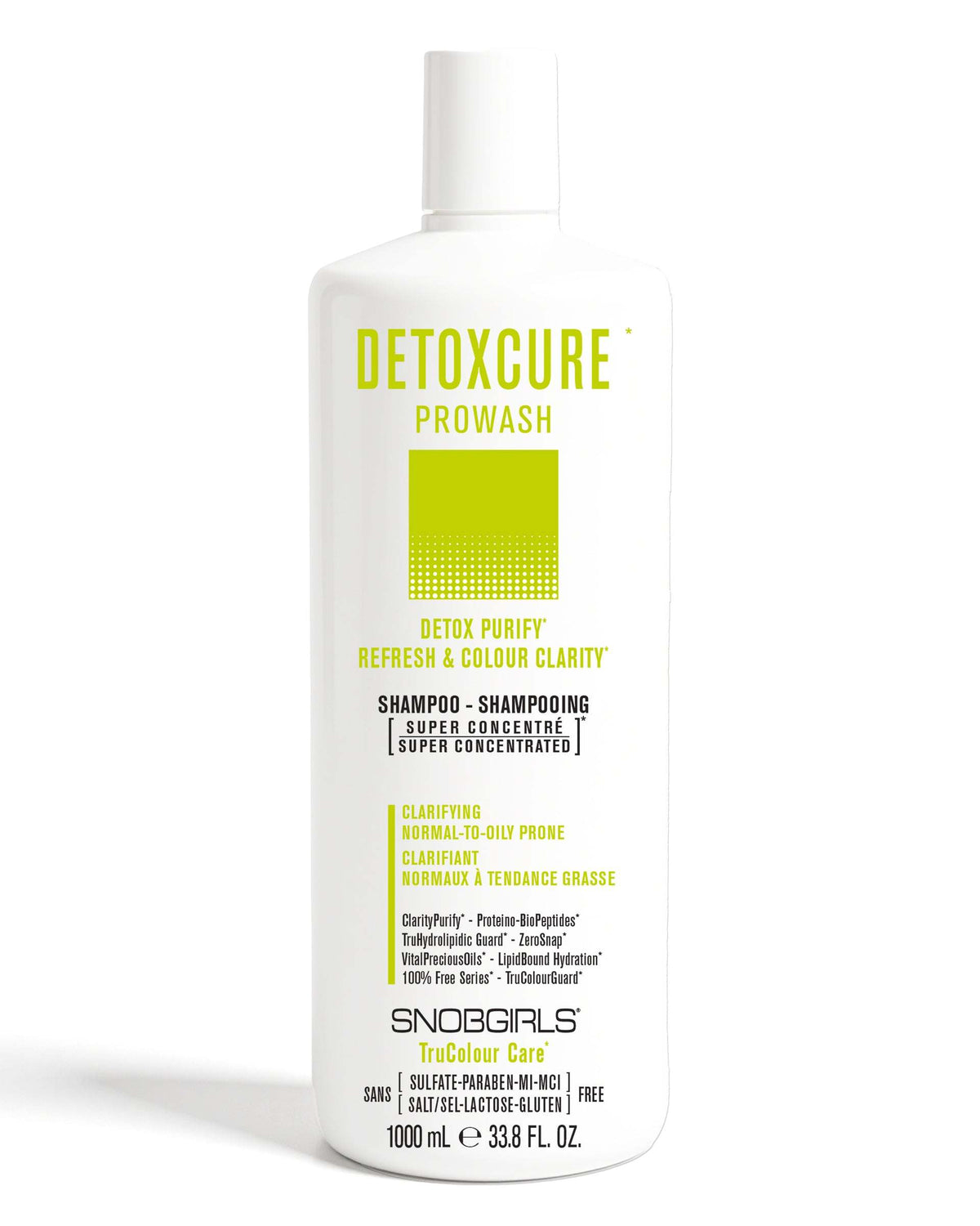 DETOXCURE Vegan Shampoo 1000 mLDETOX PURIFYREFRESH &amp;amp; COLOUR CLARITY

For Clarifying - Detoxifying &amp;amp; Normal-to-Oily Prone Hair
Super Concentrated PROWASH Vegan Hair ShampooLuxurious lather SNOBGIRLS Canada