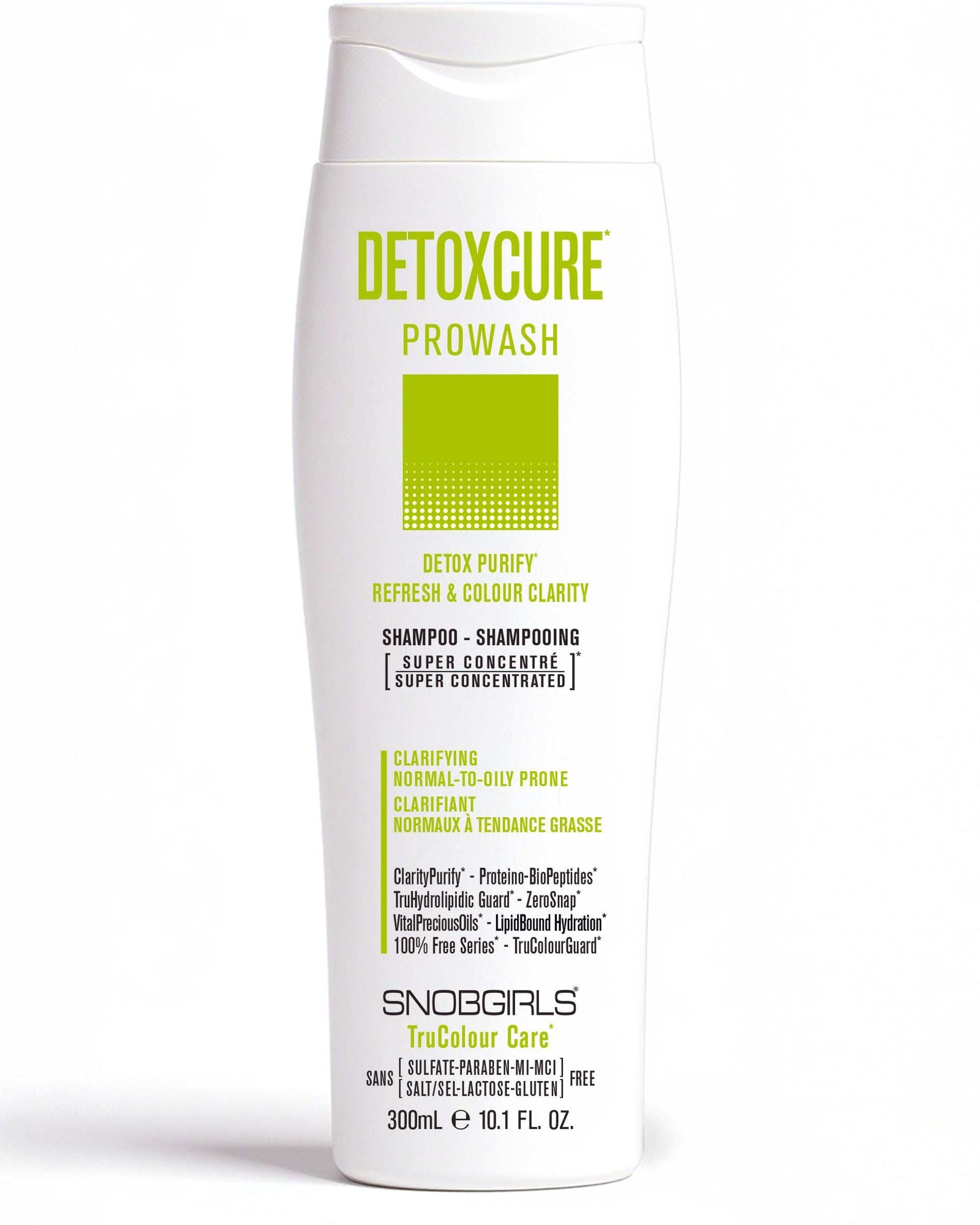 DETOXCURE Vegan Shampoo 300 mLDETOX PURIFYREFRESH &amp; COLOUR CLARITY

For Clarifying - Detoxifying &amp; Normal-to-Oily Prone Hair
Super Concentrated PROWASH Vegan Hair ShampooLuxurious lather SNOBGIRLS Canada