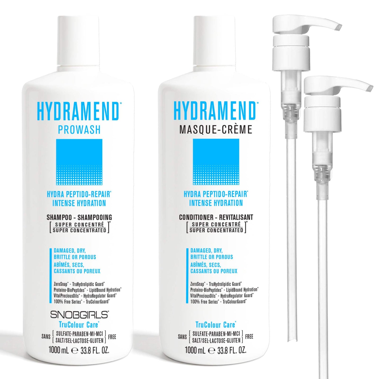 HYDRAMEND Hydrating Duo Liters + PumpsHYDRAMEND*HYDRA PEPTIDO-REPAIR* INTENSE HYDRATIONFor Damaged, Dry, Brittle or Porous Hair 1 x HYDRAMEND PROWASH 1000 mL1 x HYDRAMEND MASQUE-CREME 1000 mL100% Free SeSNOBGIRLS Canada