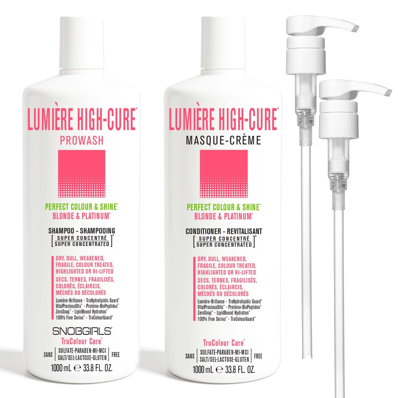LUMIERE HIGHCURE DUO 1000 mL + PumpsLUMIÈRE HIGHCURE*PERFECT COLOUR &amp; SHINE* BLONDE &amp; PLATINUM*For Dry, Dull, Weakened, Fragile, Colour Treated, Highlighted or Highly-Lifted Hair1 x LUMIERE HIGSNOBGIRLS Canada