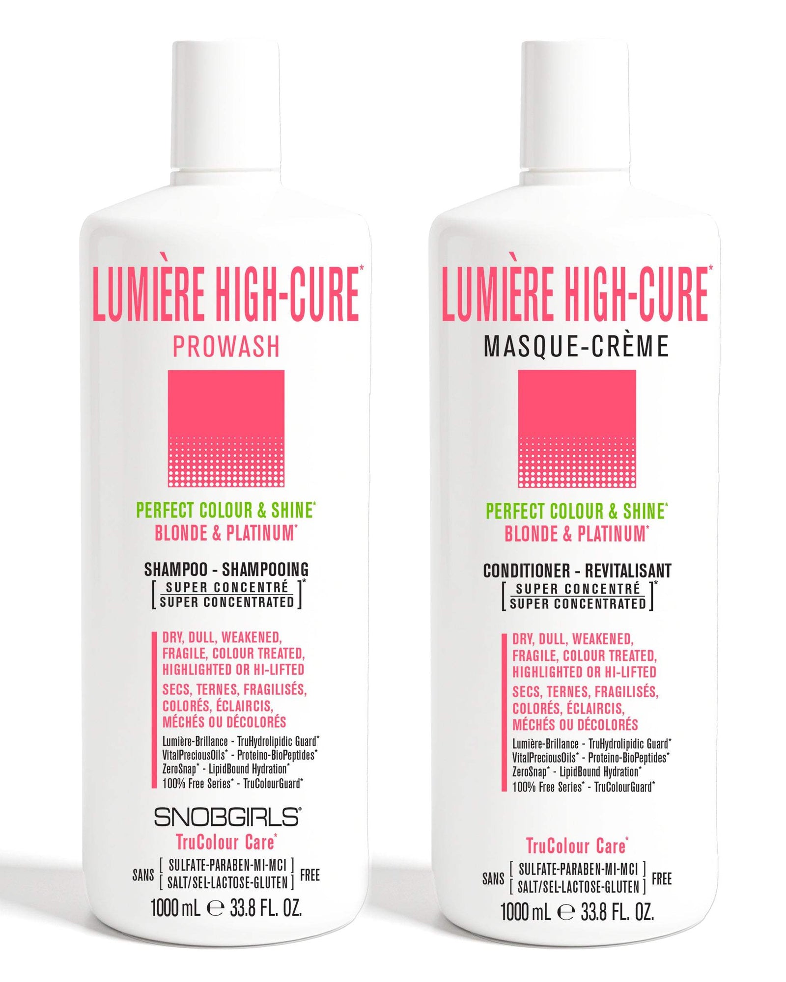 LUMIERE HIGHCURE Duo 1000 mLPERFECT COLOUR &amp; SHINEBLONDE &amp; PLATINUM
For Dry, Dull, Weakened, Fragile, Colour Treated, Highlighted or Highly-Lifted Hair1 x LUMIÈRE HIGHCURE PROWASH 1000 SNOBGIRLS Canada