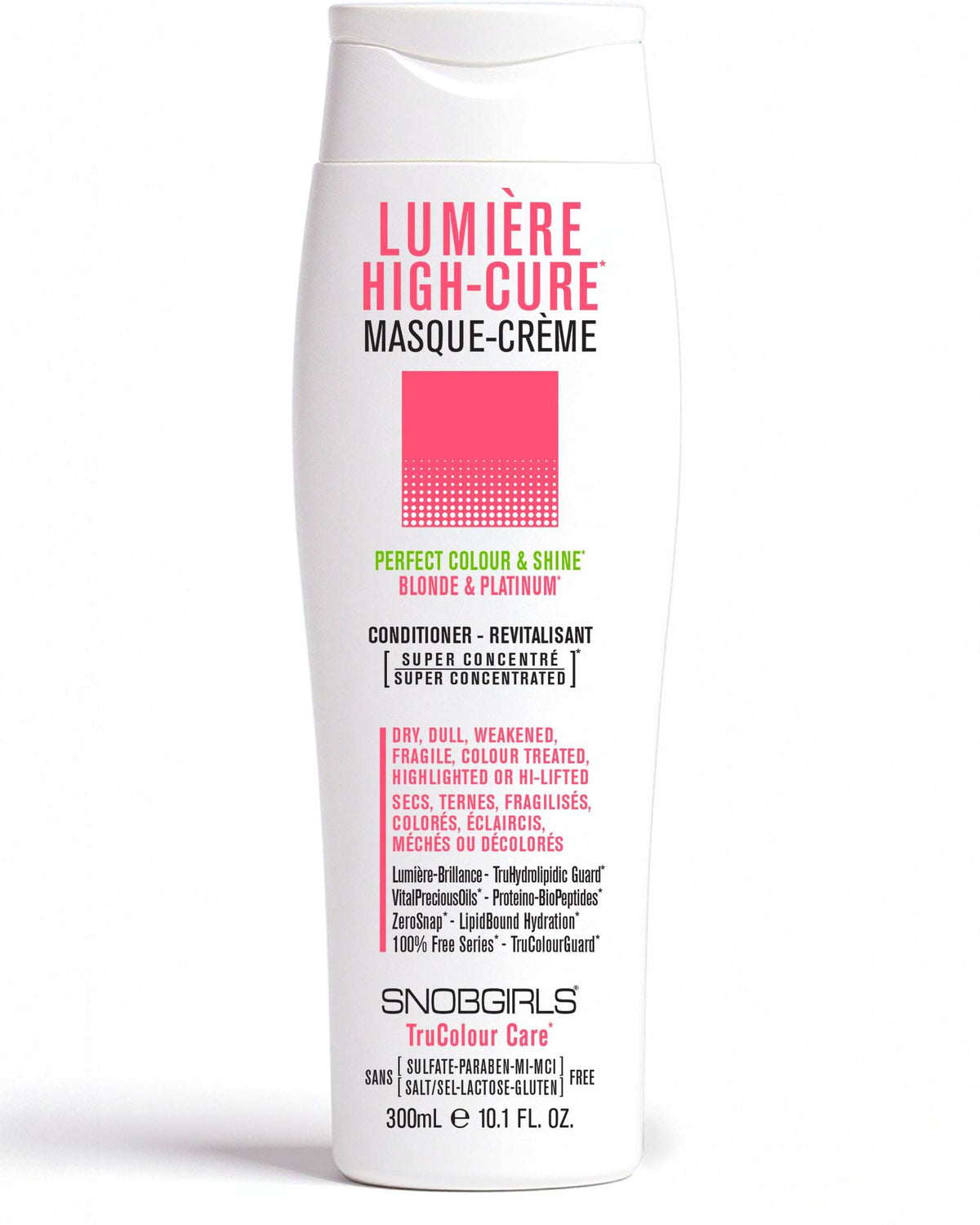 LUMIERE HIGHCURE Vegan Conditioner 300 mLPERFECT COLOUR &amp;amp; SHINEBLONDE &amp;amp; PLATINUM

For Dry, Dull, Weakened, Fragile, Colour Treated, Highlighted or Highly-Lifted HairPerfect for All Shades of Blonde SNOBGIRLS Canada