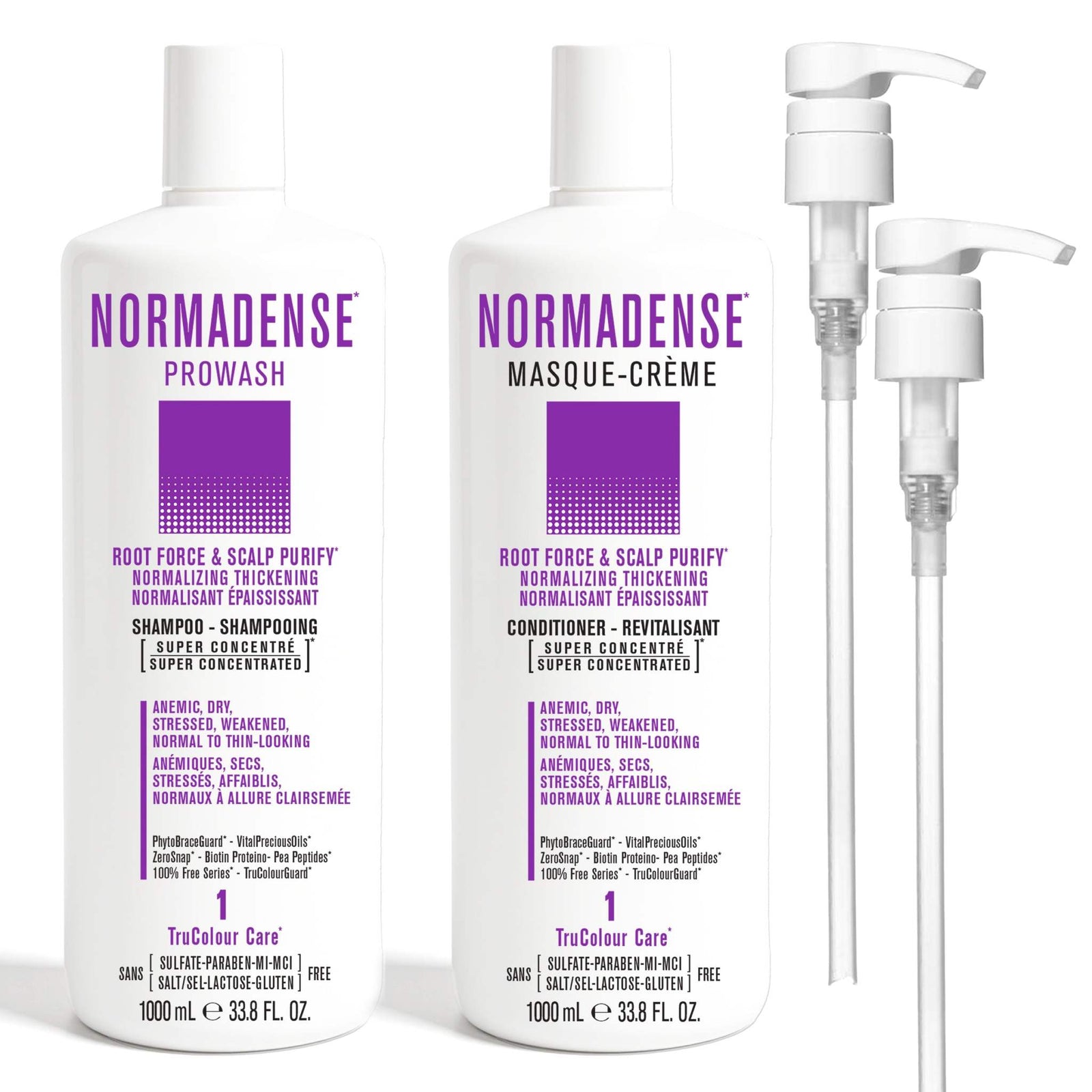 DUO NORMADENSE 1 Duo 1000 mL + PumpsNORMADENSE1*ROOT FORCE &amp; SCALP PURIFY* NORMALIZING THICKENINGFor Anemic, Dry, Stressed, Weakened, Normal to Thin-Looking Hair1 x NORMADENSE 1  PROWASH 1000 mL1 xSNOBGIRLS Canada