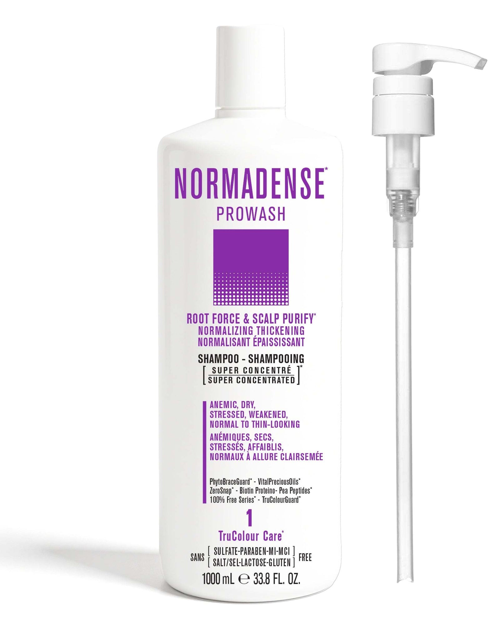 NORMADENSE 1 Vegan Shampoo 1000 mL + PumpROOT FORCE &amp; SCALP PURIFYNORMALIZING THICKENING

For Dry, Stressed, Weakened, Normal to Thin-Looking Hair
Super Concentrated PROWASH Vegan ShampooLuxurious latheSNOBGIRLS Canada