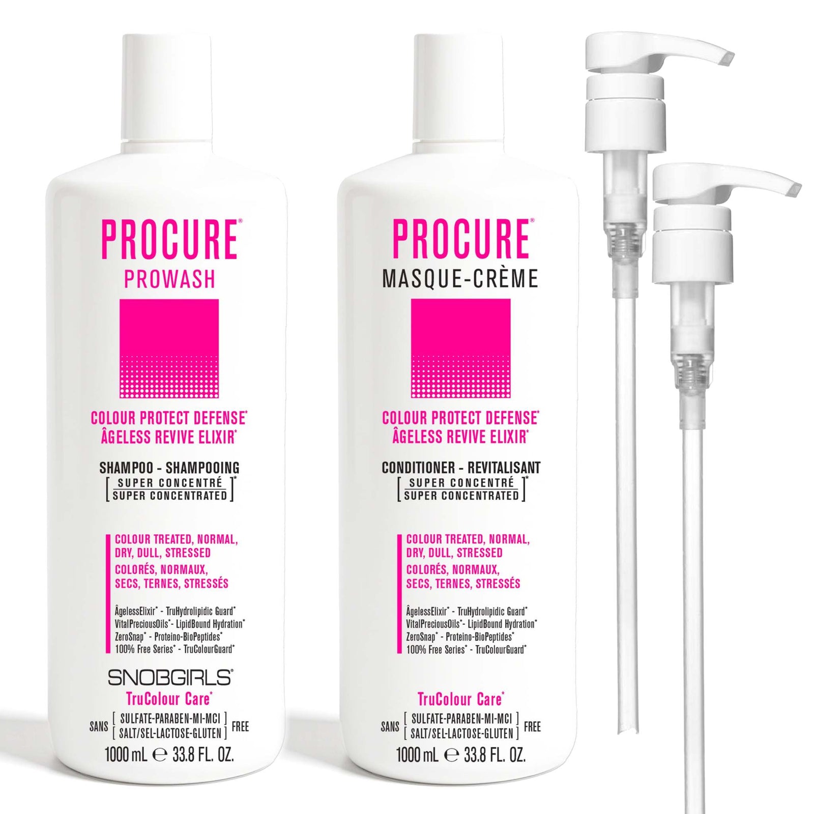 PROCURE DUO Liters + PumpsPROCURE*COLOUR PROTECT DEFENSE* ÂGELESS REVIVE ELIXIR*For Colour Treated Hair, Normal, Dry, Dull or Stressed Hair1 x PROCURE PROWASH 1000 mL1 x PROCURE MASQUE-CREME SNOBGIRLS Canada