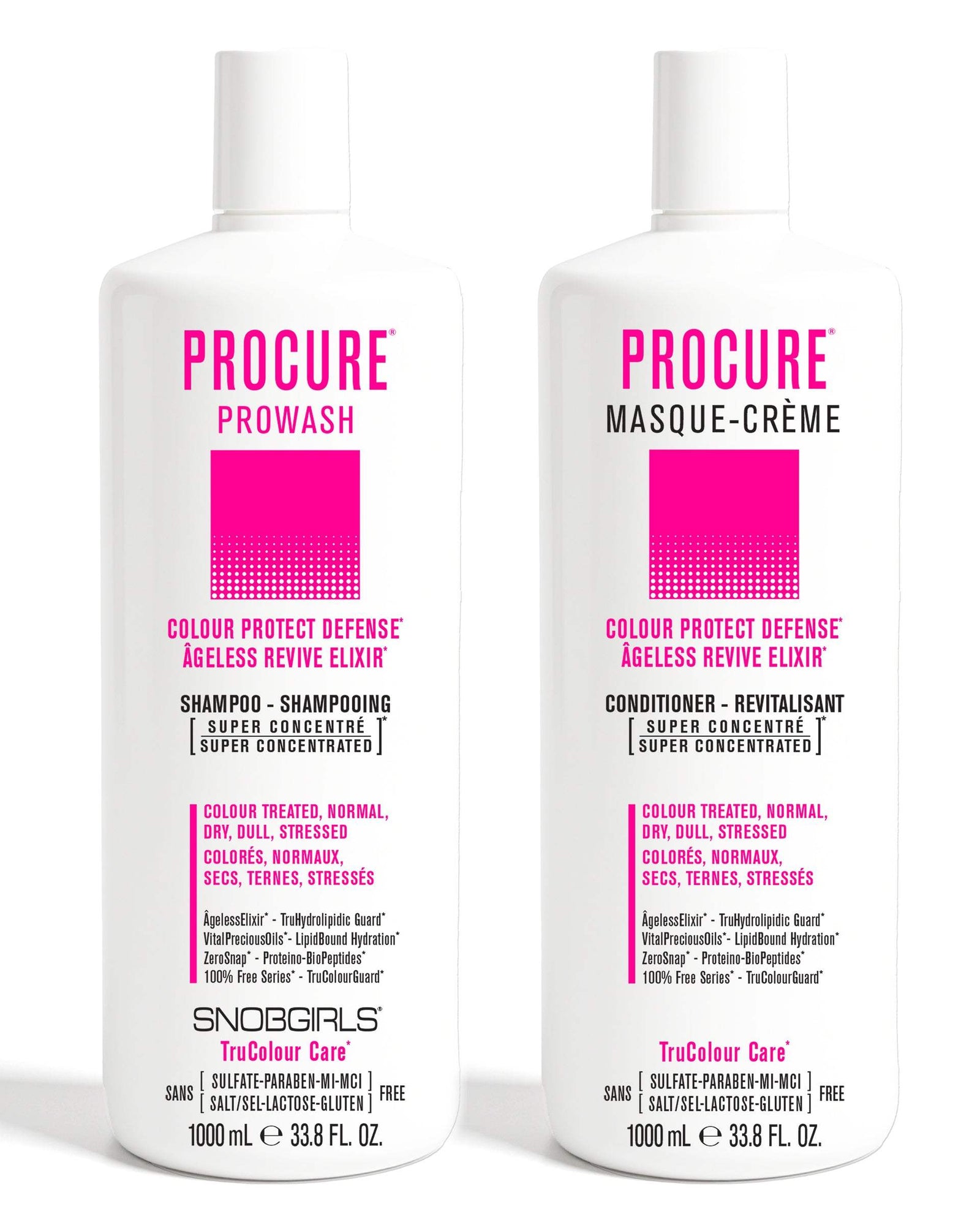 PROCURE Duo 1000 mLCOLOUR PROTECT DEFENSE ÂGELESS REVIVE ELIXIR
For Colour Treated Hair, Normal, Dry, Dull Hair1 x PROCURE PROWASH 1000 mL1 x PROCURE MASQUE-CREME 1000 mL The SUPER CONSNOBGIRLS Canada