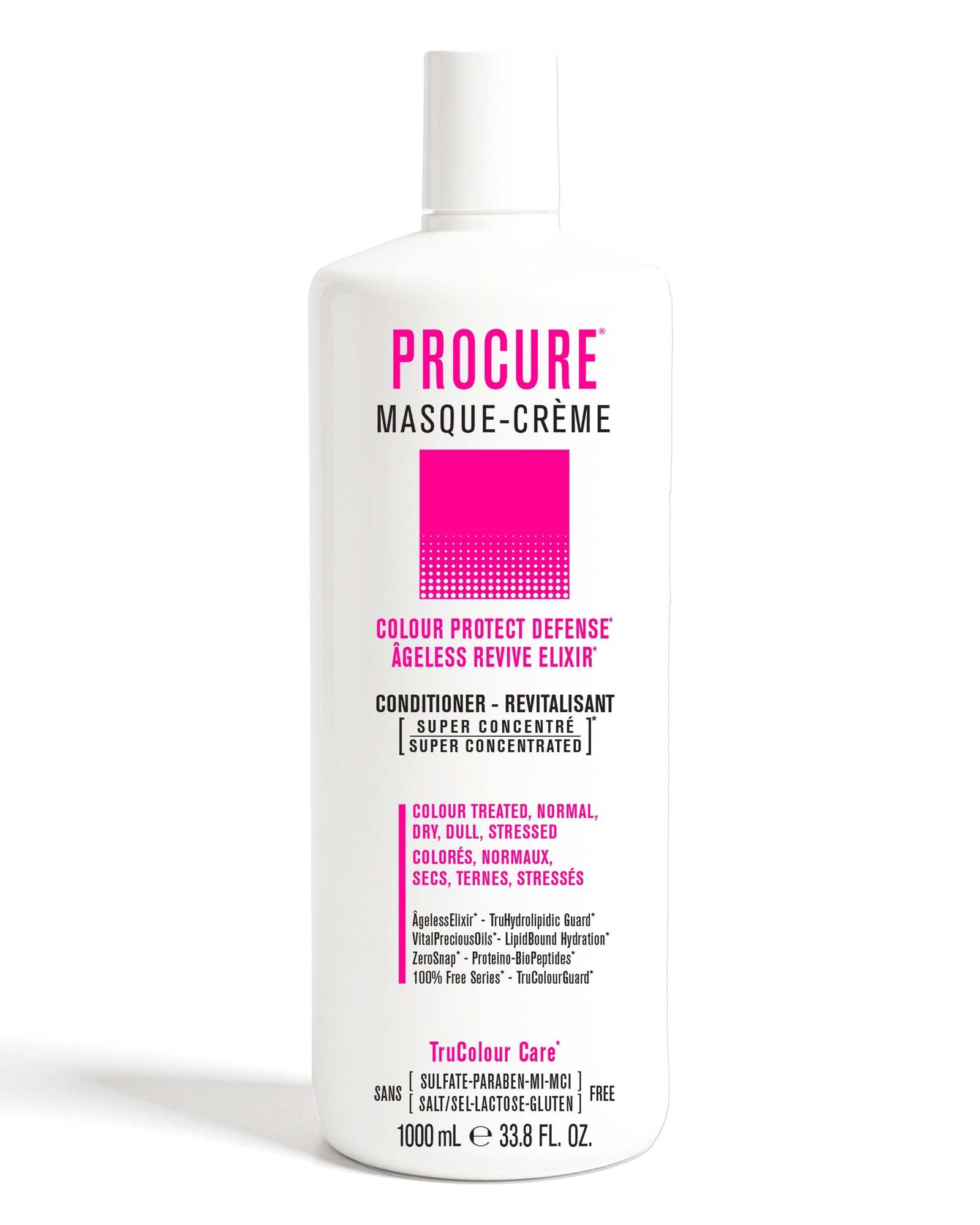 PROCURE Vegan Conditioner 1000 mLCOLOUR PROTECT DEFENSEÂGELESS REVIVE ELIXIR

For Colour Treated, Normal, Dry, Dull, Stressed Hair.
Super Concentrated MASQUE-CREME Vegan Hair ConditionerLightweight SNOBGIRLS Canada