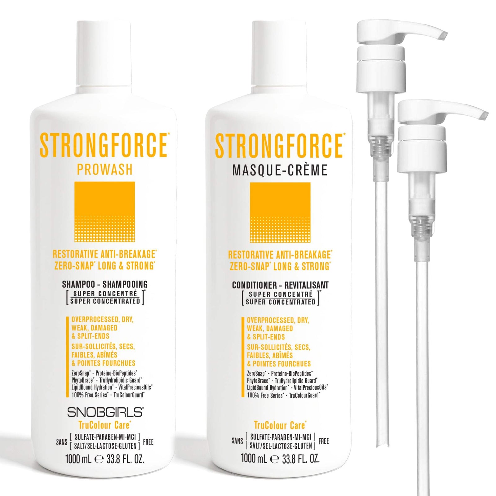 STRONGFORCE Duo Liters + PumpsSTRONGFORCE*RESTORATIVE ANTI-BREAKAGE* ZERO-SNAP* LONG &amp; STRONG*For Overprocessed, Dry, Weak, Damaged Hair or Split-Ends1 x STRONGFORCE PROWASH 1000 mL1 x STRONGSNOBGIRLS Canada