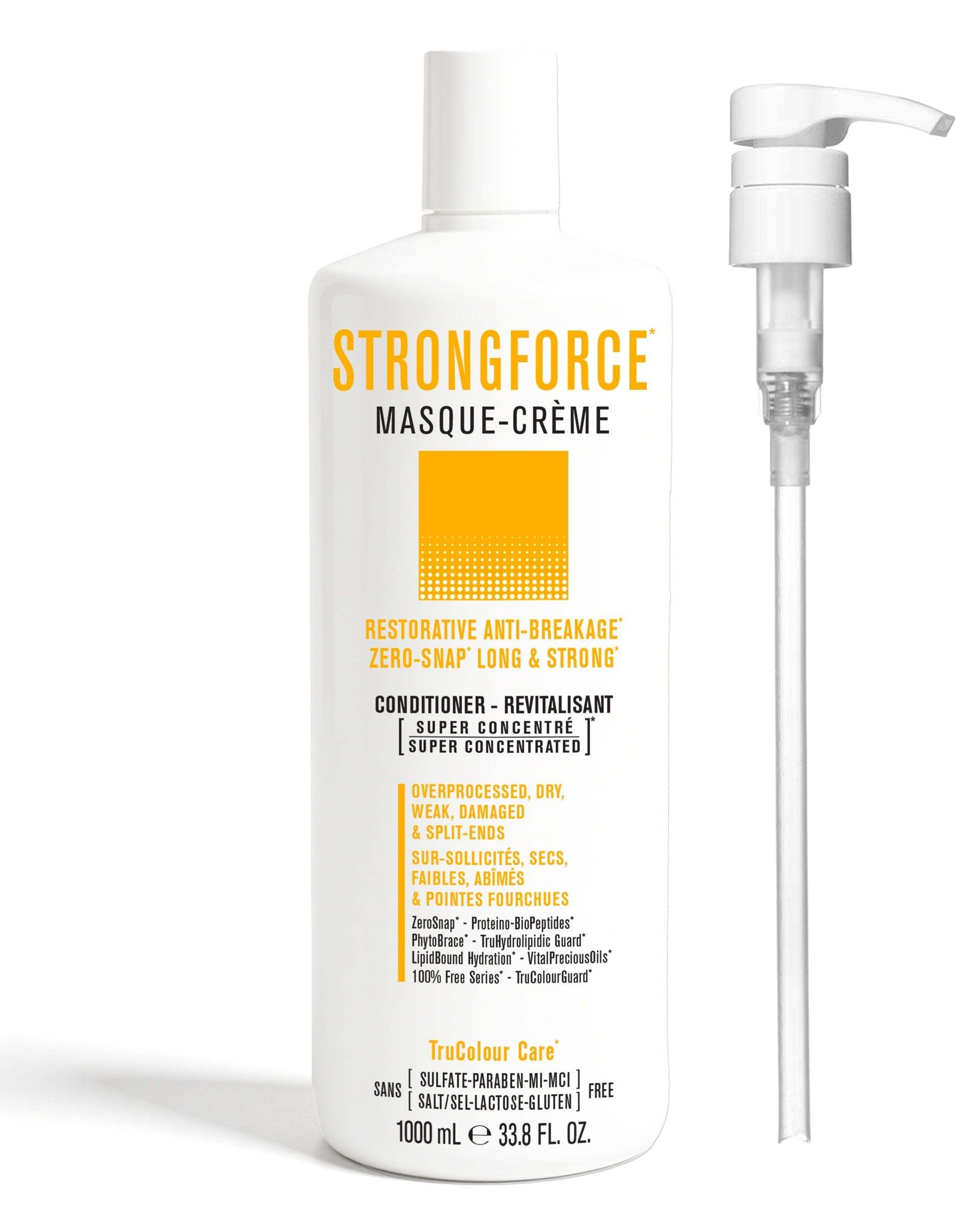 STRONGFORCE Vegan Conditioner 1000 mL + PumpRESTORATIVE ANTI-BREAKAGEZERO-SNAP LONG &amp; STRONG

For Overprocessed, Dry, Weak, Damaged &amp; Split-Ends. 
Super Concentrated MASQUE-CREMEVegan ConditionerLightwSNOBGIRLS Canada