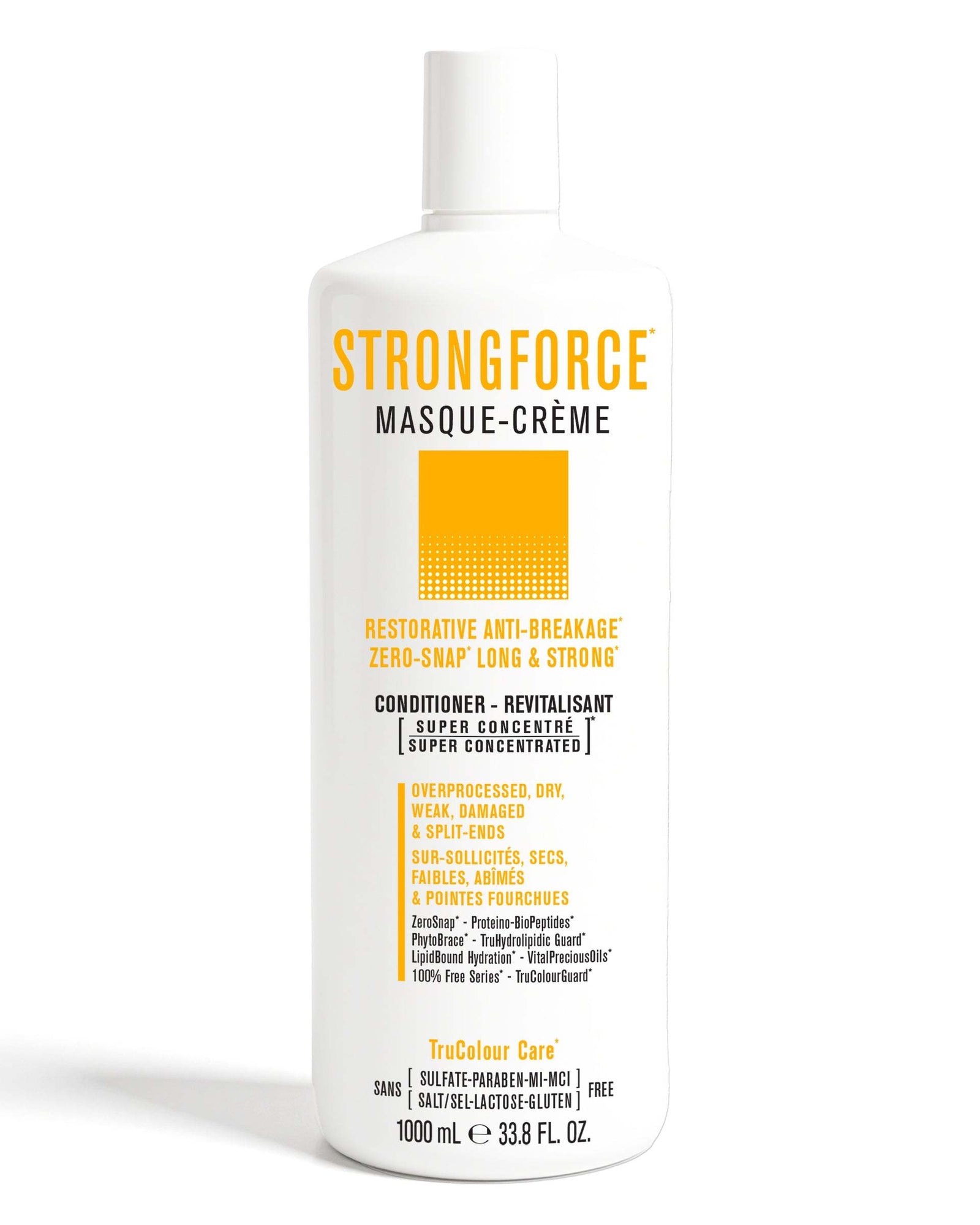 STRONGFORCE Vegan Conditioner 1000 mLRESTORATIVE ANTI-BREAKAGEZERO-SNAP LONG &amp; STRONG

For Overprocessed, Dry, Weak, Damaged &amp; Split-Ends. 
Super Concentrated MASQUE-CREME Vegan Hair ConditionerSNOBGIRLS Canada