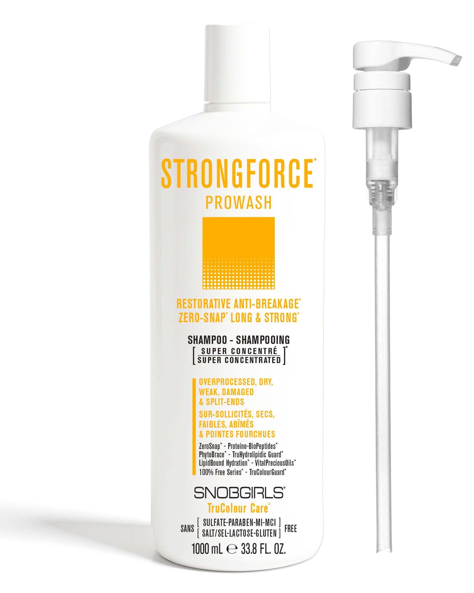 STRONGFORCE Vegan Shampoo 1000 mL + PumpRESTORATIVE ANTI-BREAKAGEZERO-SNAP LONG &amp; STRONG

Tailored for Overprocessed, Dry, Weak, Damaged &amp; Split-Ends. 
Super Concentrated PROWASH Vegan ShampooLuxurSNOBGIRLS Canada