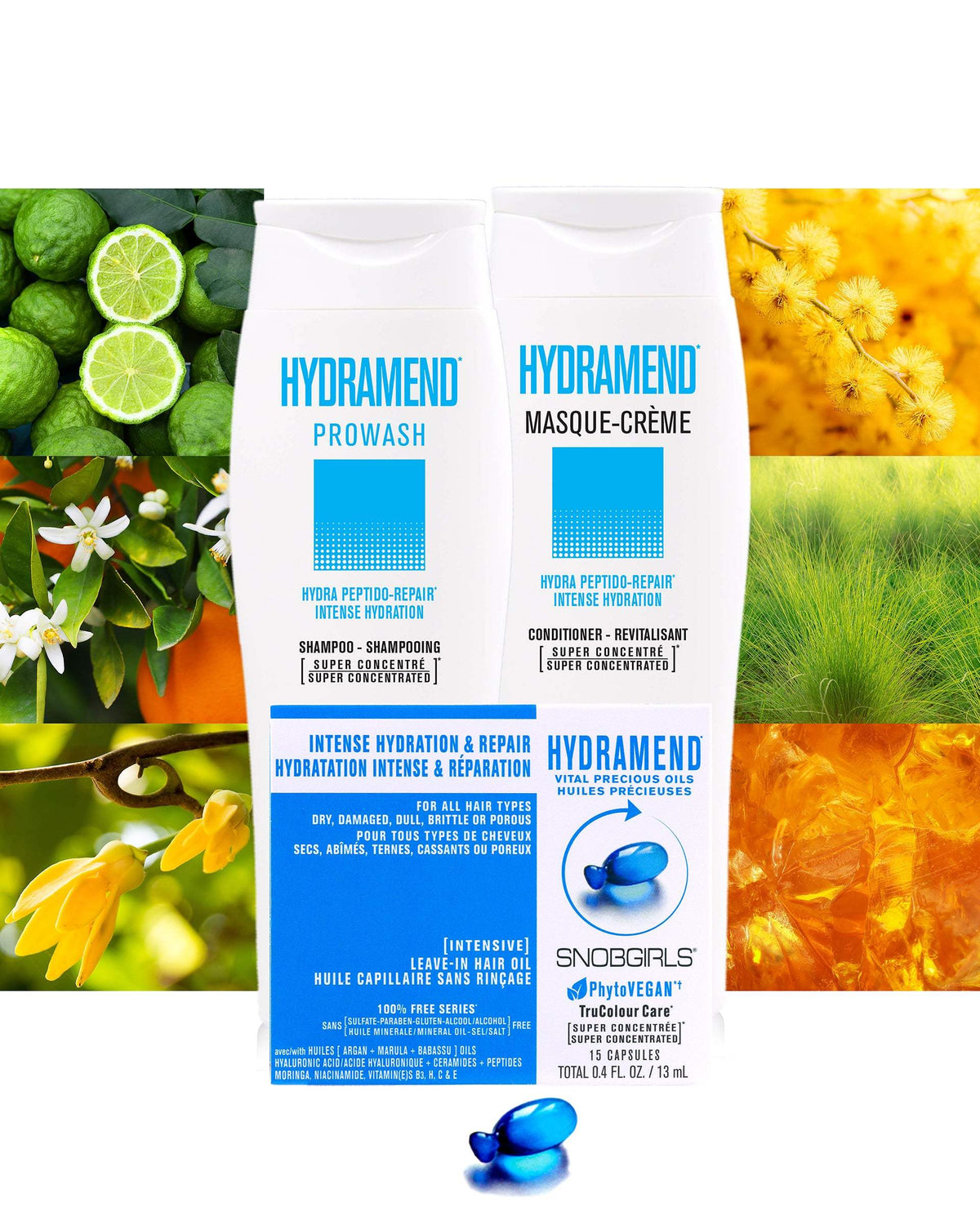 Trio HYDRAMEND Vegan Shampoo, Conditioner, Hair Oil for INTENSE HYDRATINTENSE HYDRATION &amp;amp; REPAIR 

For Damaged, Dry, Brittle or Porous Hair

1 X HYDRAMEND Vegan Shampoo 10.1 FL. OZ.1 X HYDRAMEND Vegan Conditioner 10.1 FL. OZ.1 X HYSNOBGIRLS Canada