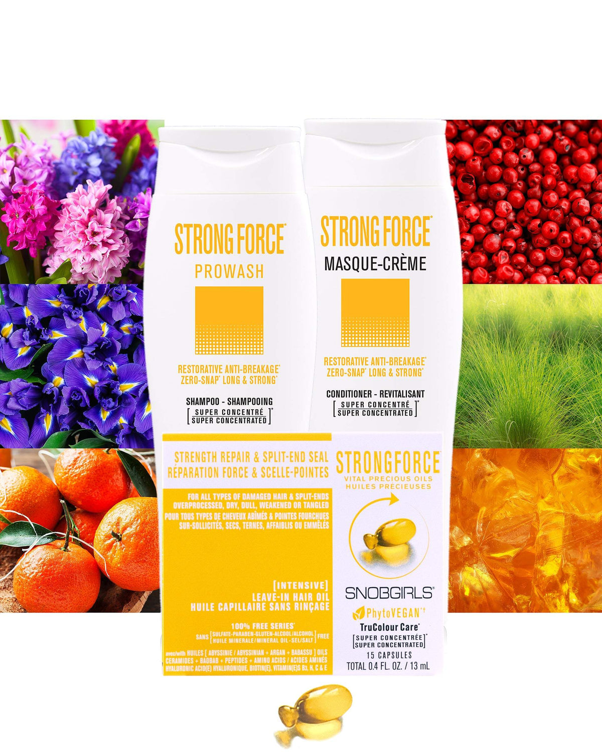 Trio STRONGFORCE Vegan Shampoo, Conditioner, Hair Oil for Strength RepSTRENGTH REPAIR &amp;amp; SPLIT-END SEAL
For Overprocessed, Dry, Weak, Damaged Hair or Split-Ends

1 X STRONGFORCE Vegan Shampoo 10.1 FL. OZ.1 X STRONGFORCE Vegan ConditSNOBGIRLS Canada
