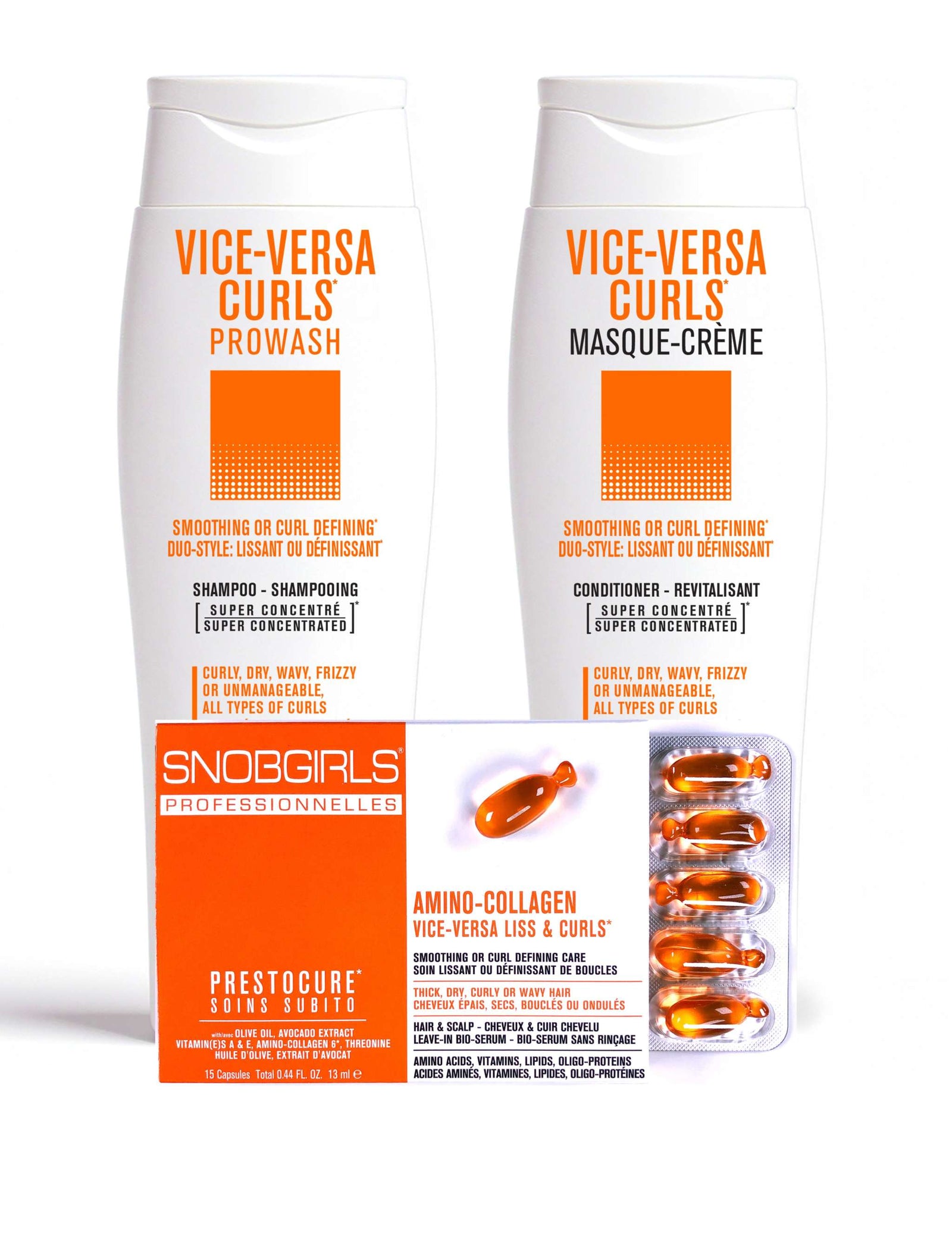 Trio VICE-VERSA CURLS Vegan Shampoo, Conditioner, Hair Oil for SmoothiSMOOTHING OR CURL DEFININGDUO-STYLE: LISSANT OU DEFINISSANT
For Curly, Dry, Wavy, Frizzy or Unmanageable Hair, All Types of Curls
1 X VICE-VERSA CURLS Vegan Shampoo SNOBGIRLS Canada