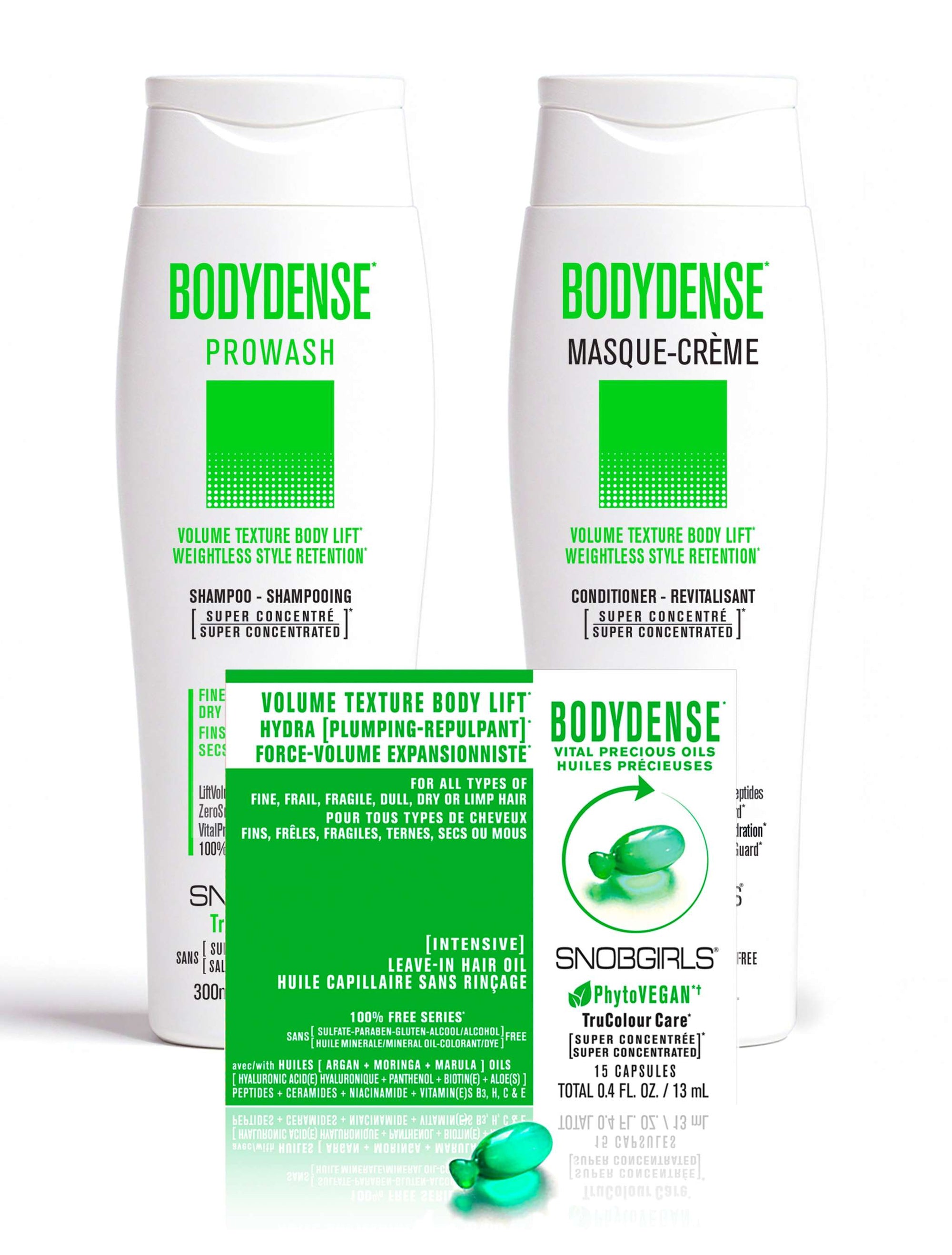 Trio BODYDENSE Vegan Shampoo, Conditioner, Hair Oil for Volume TextureVOLUME TEXTURE BODY LIFT*For Fine, Frail, Fragile, Dry or Limp Hair

1 X BODYDENSE Vegan Shampoo 300 mL1 X BODYDENSE Vegan Conditioner 300 mL1 X BODYDENSE Vegan HairSNOBGIRLS Canada