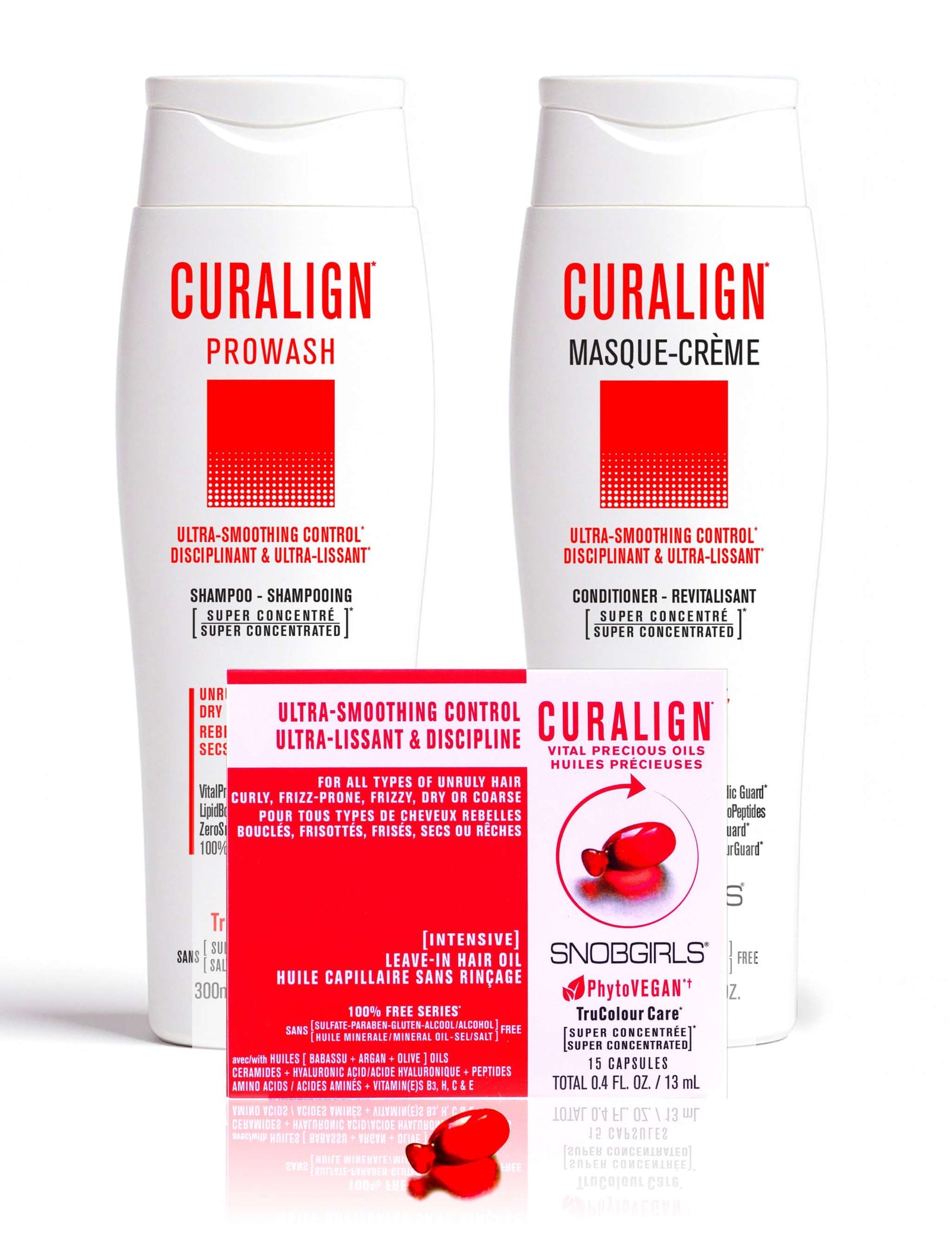 Trio CURALIGN Vegan Shampoo, Conditioner, Hair Oil for ULTRA-SMOOTHINGULTRA-SMOOTHING CONTROL
For Unruly, Curly, Frizzy, Dry or Coarse Hair

1 X CURALIGN Vegan Shampoo 300 mL1 X CURALIGN Vegan Conditioner 300 mL1 X CURALIGN Vegan Hair SNOBGIRLS Canada