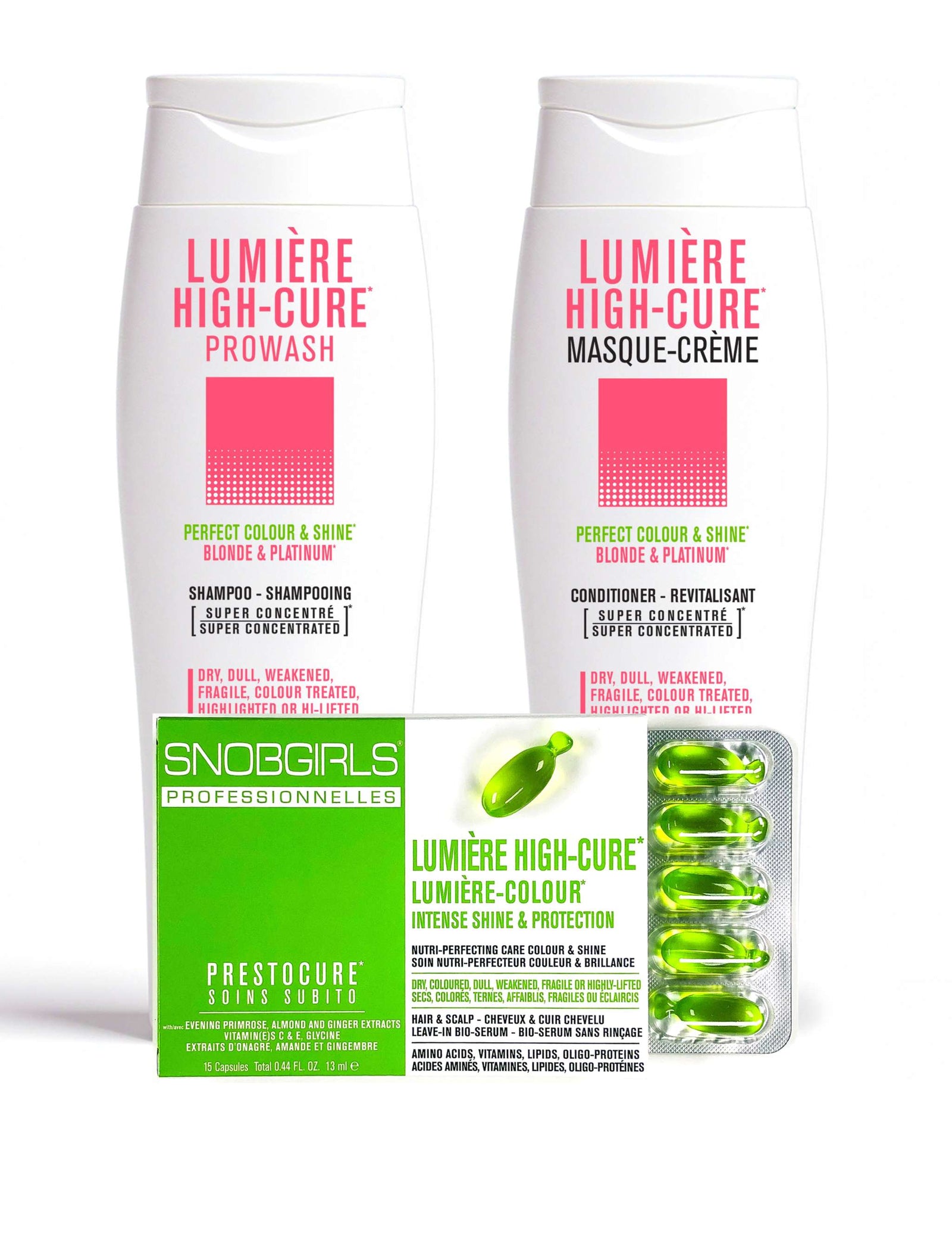 Trio LUMIERE HIGHCURE Vegan Shampoo, Conditioner, Hair Oil for PerfectPERFECT COLOUR &amp; SHINE* BLONDE &amp; PLATINUM*

For Dry, Dull, Weakened, Fragile, Colour Treated, Highlighted or Highly-Lifted HairPerfect for All Shades of BlonSNOBGIRLS Canada