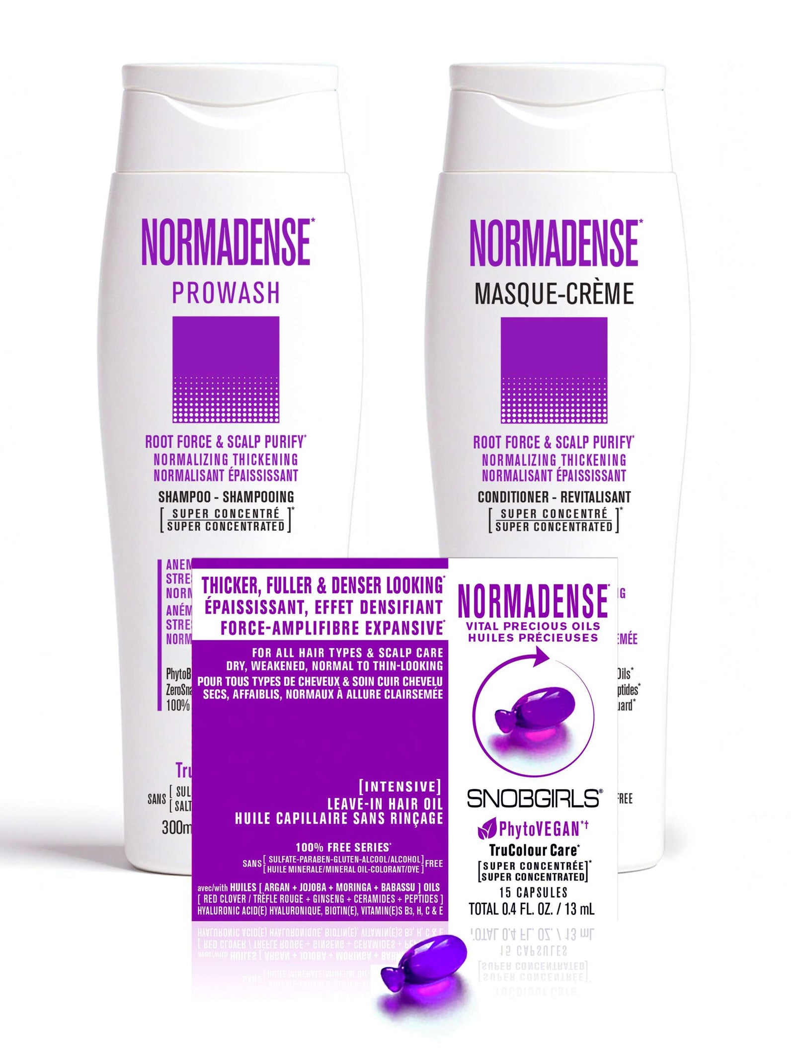 Trio NORMADENSE 1 Vegan Shampoo, Conditioner, Hair Oil for Thin-LookinROOT FORCE &amp; SCALP PURIFYNORMALIZING THICKENING
For Dry, Weakened, Normal to Thin-Looking Hair

1 X NORMADENSE 1 Vegan Shampoo 300 mL1 X NORMADENSE 1 Vegan CondiSNOBGIRLS Canada