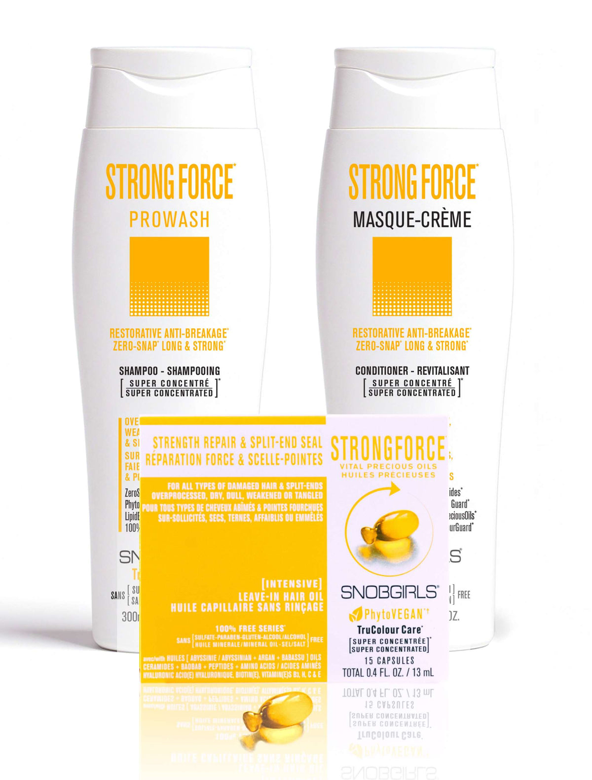 Trio STRONGFORCE Vegan Shampoo, Conditioner, Hair Oil for Strength RepSTRENGTH REPAIR &amp;amp; SPLIT-END SEAL
For Overprocessed, Dry, Weak, Damaged Hair or Split-Ends

1 X STRONGFORCE Vegan Shampoo 10.1 FL. OZ.1 X STRONGFORCE Vegan ConditSNOBGIRLS Canada