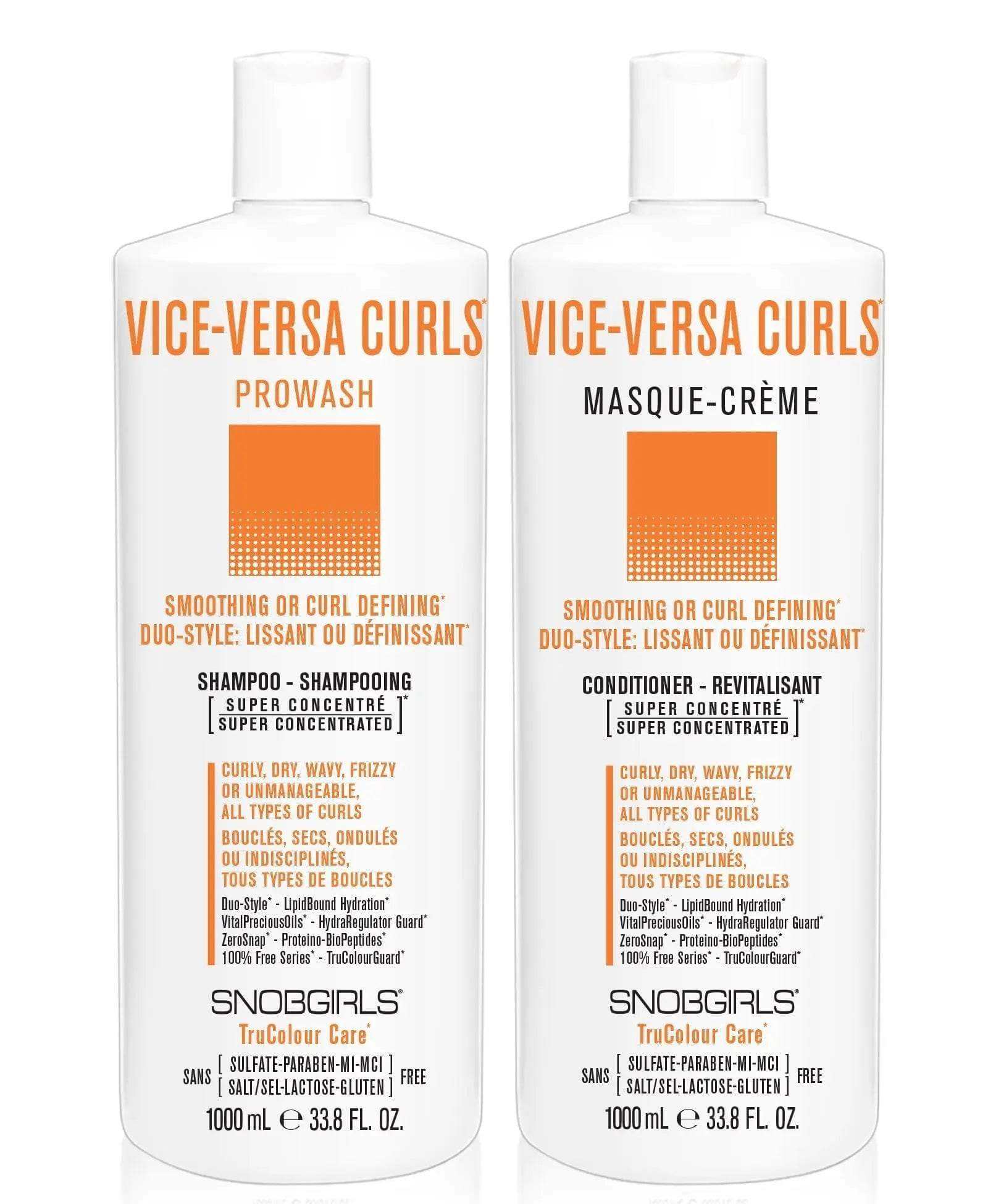 VICE-VERSA CURLS Duo 1000 mLDUO-STYLE: SMOOTHING OR CURL DEFINING
For Curly, Dry, Wavy, Frizzy or Unmanageable Hair, All Types of Curls1 x VICE-VERSA CURLS Shampoo 1000 mL1 x VICE-VERSA CURLS CSNOBGIRLS Canada